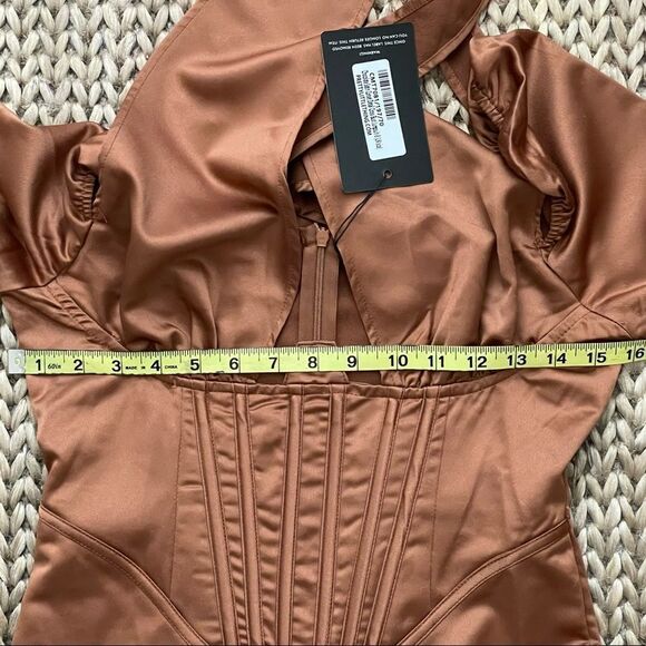 NWT Pretty Little Thing Chocolate Satin Corset Detail Cross Bust Jumpsuit Size 4 - Picture 10 of 16